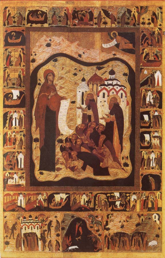 Our Lady of Bogolijubovo with Saint Zocime and Saint Savvatii and Scenes from their Lives